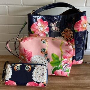 NEW 3 Pieces Set- Pearls, Butterflies & Flowers 🌺 Bucket Bag, Pouch & Wallet 🦋